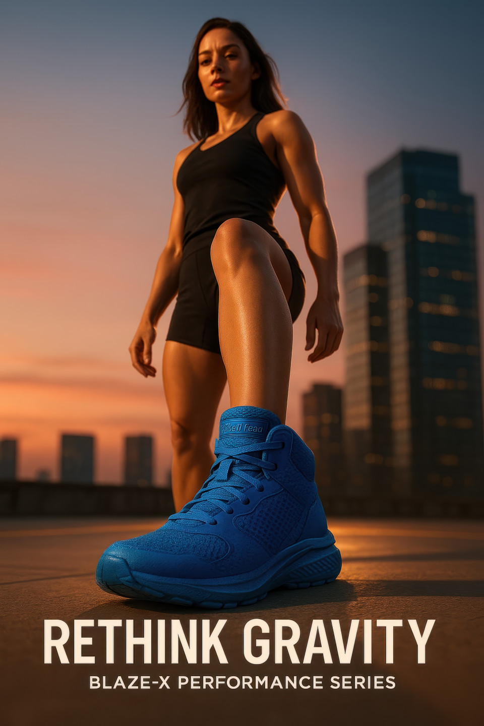 Woman standing strong on rooftop helipad at sunset wearing bold blue high top sneakers, urban skyline glow, footwear brand chat gpt prompts