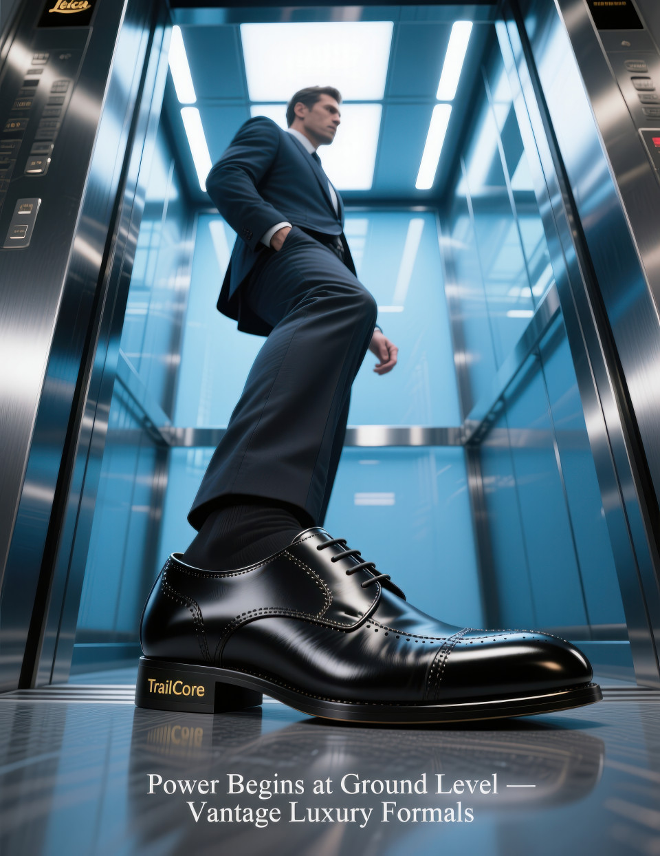 Businessman entering glass elevator wearing sleek black derby shoes with polished leather and brogue detail, classy style, footwear brand chat gpt prompts