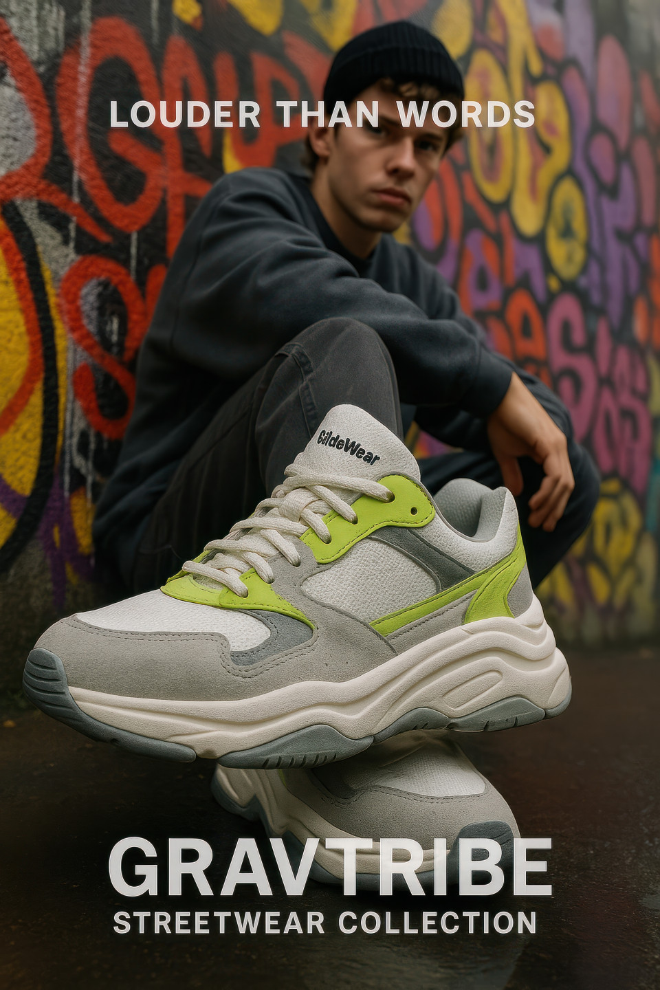 Young man leaning on graffiti wall in chunky sneakers, neon and grey tones, streetwear fashion style, wet street reflection, footware brand chat gpt prompts