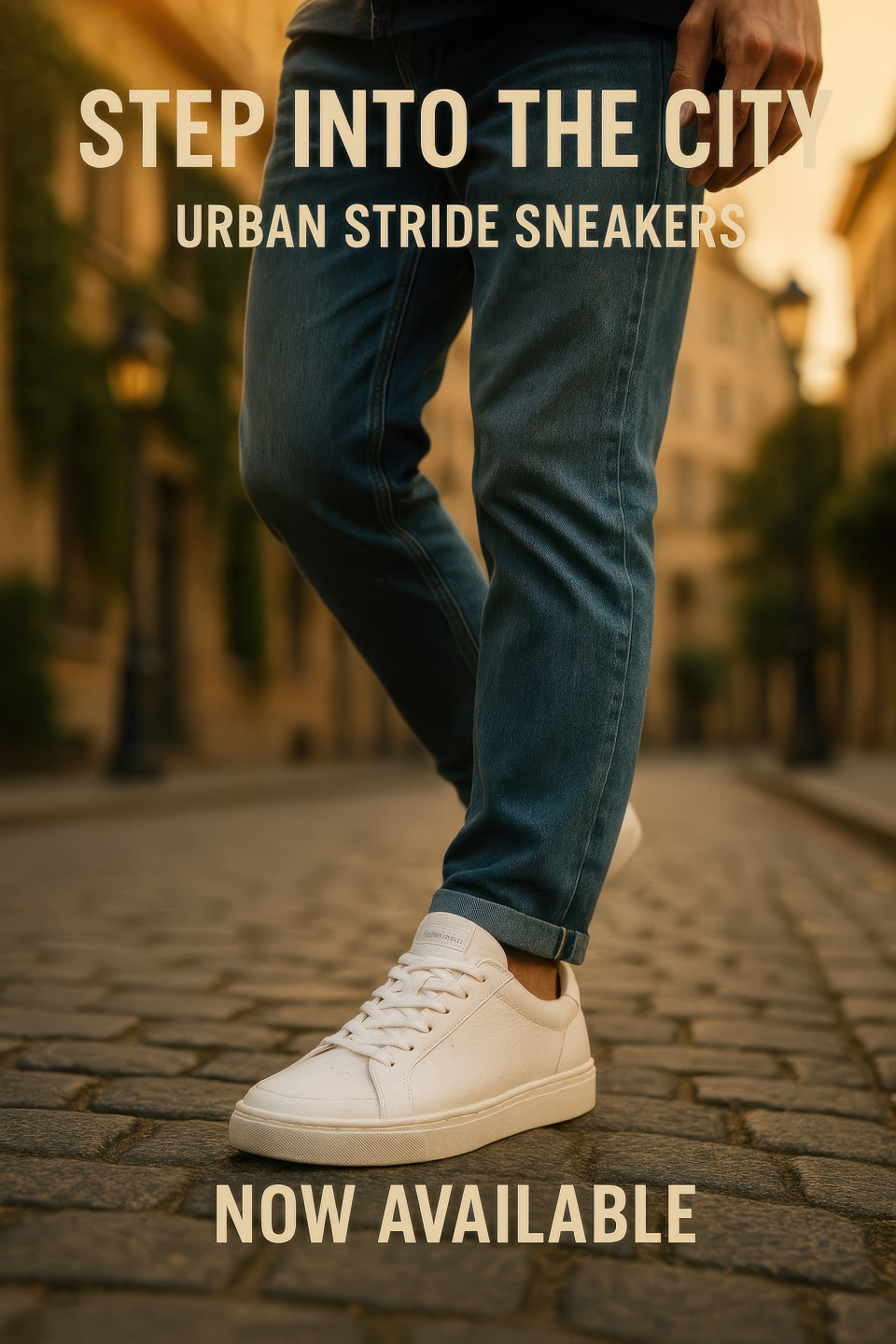 Man walking on cobblestone street at golden hour wearing clean white sneakers and jeans, warm city vibe, footwear brand chat gpt prompts