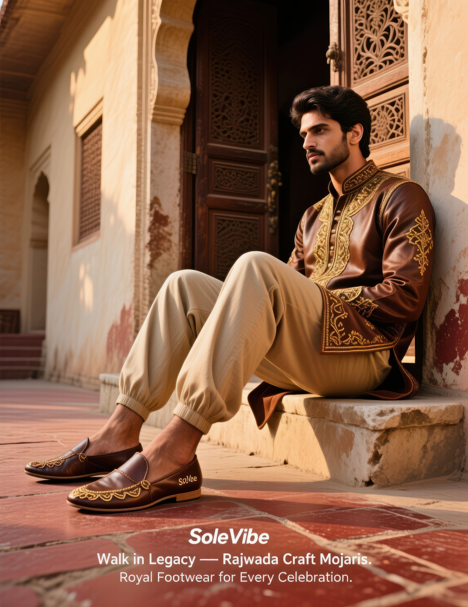Man seated on sandstone step in jaipur wearing brown embroidered mojaris with churidar, cultural and timeless style, footwear brand chat gpt prompts