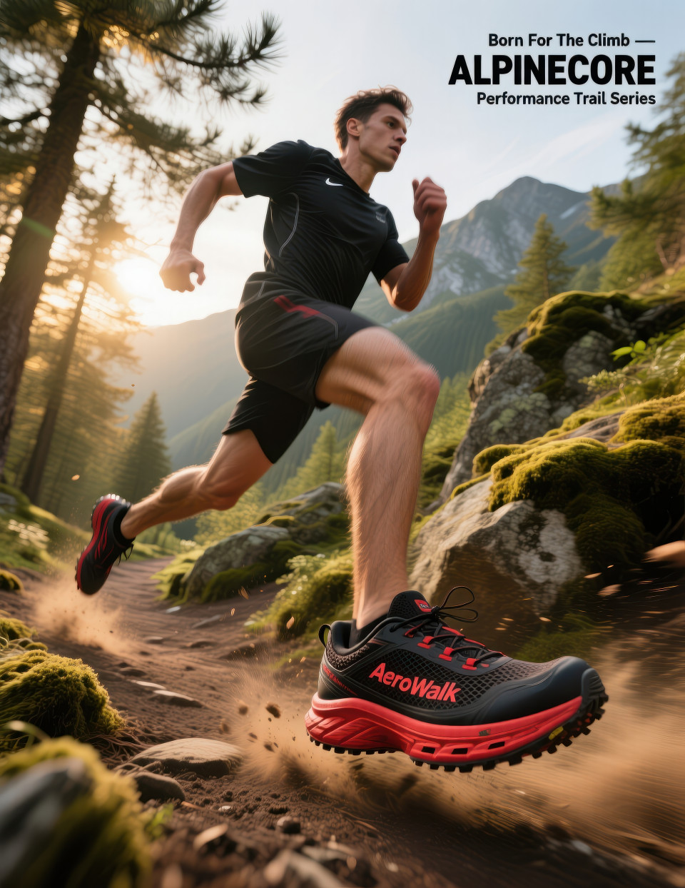 Male runner mid stride on rugged mountain trail in black and red running shoes, outdoor adventure fitness concept, footware brand chat gpt prompts