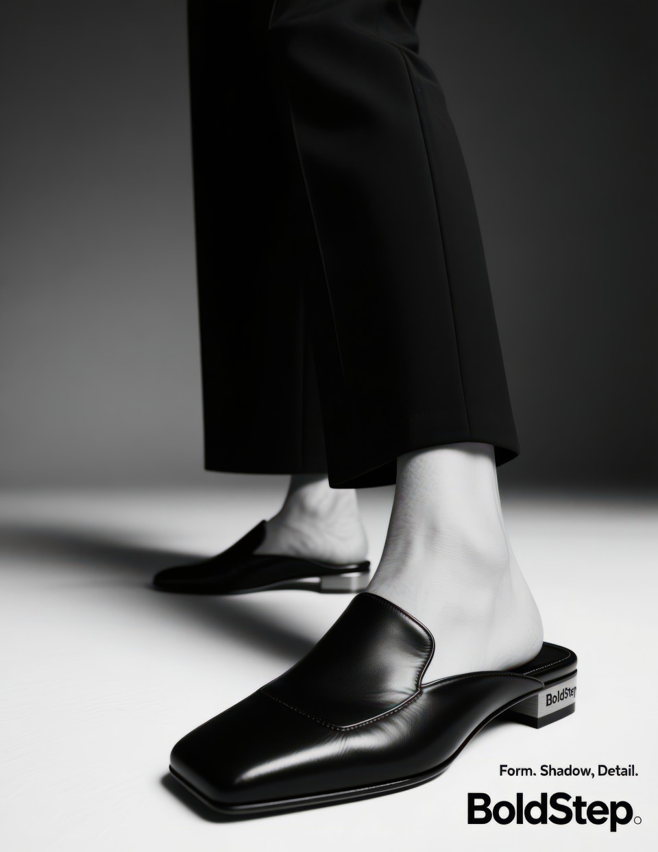 Fashion model standing in a studio wearing black matte slip on mules with square toe, crisp overhead light casting sharp shadows, footware brand chat gpt prompts