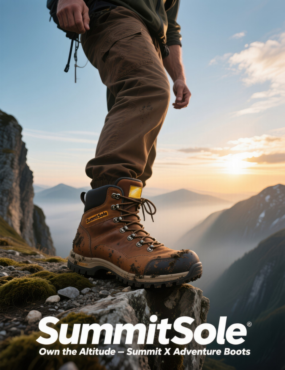 Adventurer at a mountain peak in rugged brown hiking boots, sunlight breaking through clouds, rocky terrain and misty sky, footware brand chat gpt prompts