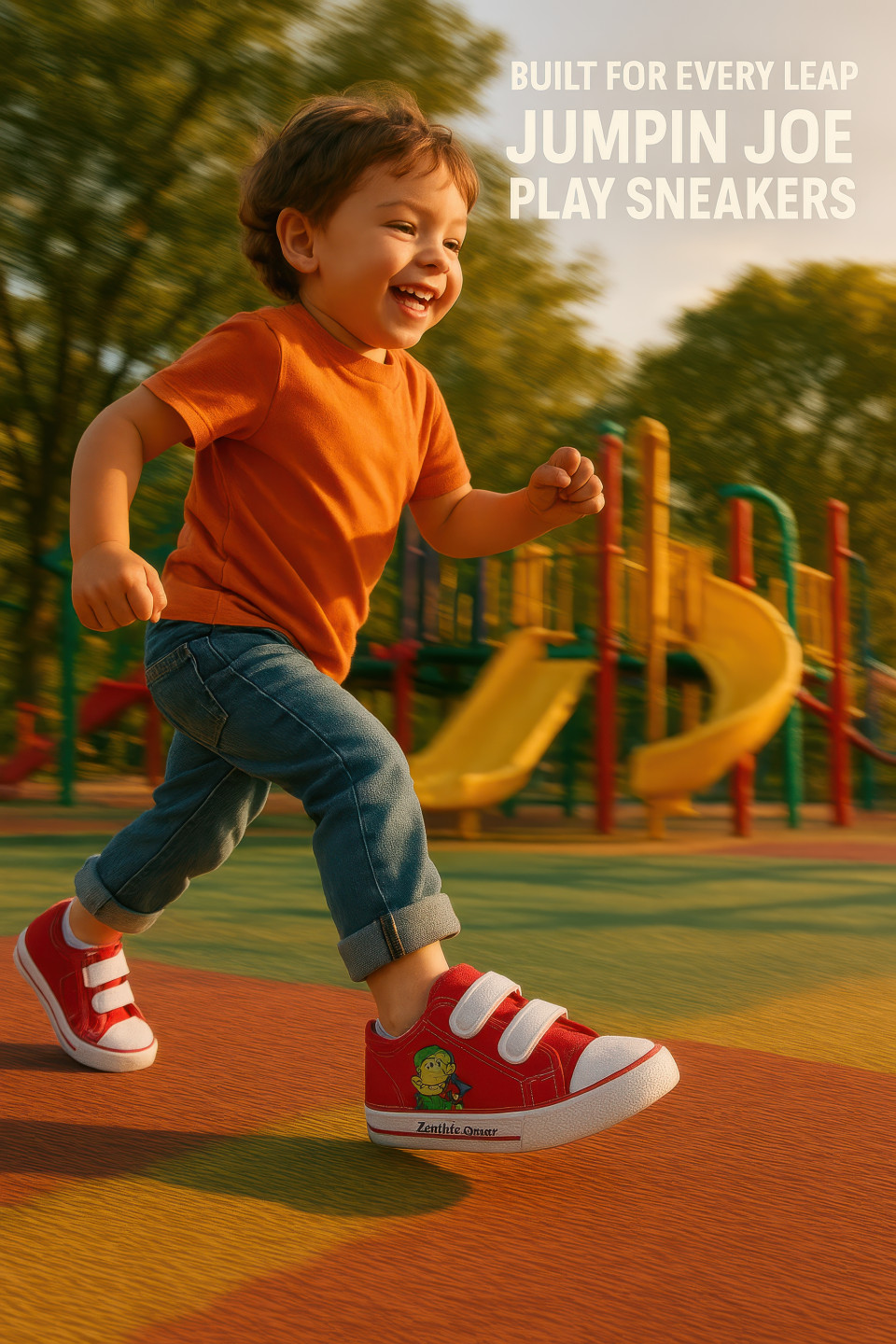 Cheerful child running on a playground in red velcro sneakers with cartoon patches, golden light and colorful play area, joyful mood, footware brand chat gpt prompts