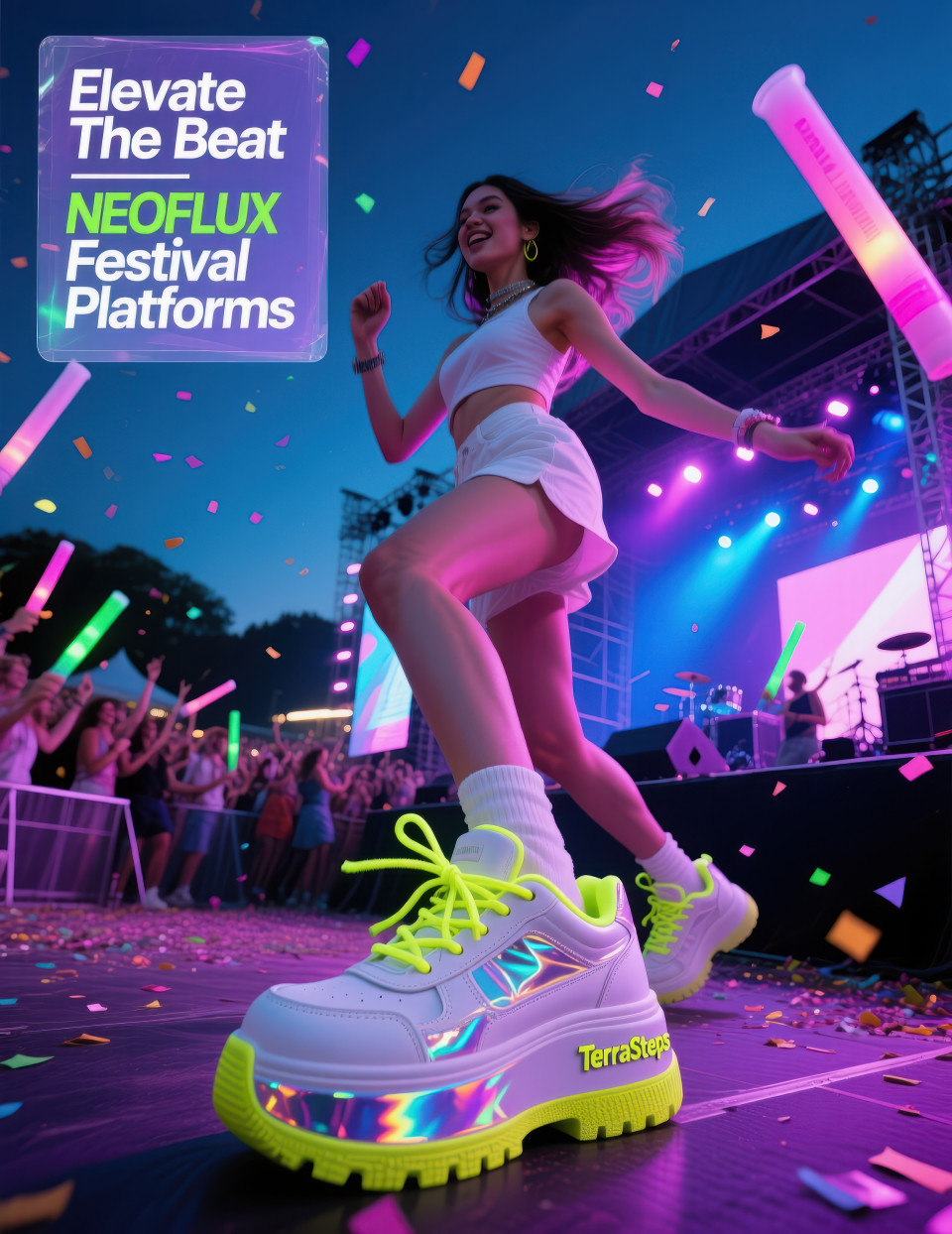 Young woman dancing at a music festival in white platform sneakers with neon details, colorful stage lights and cheering crowd, footware brand chat gpt prompts