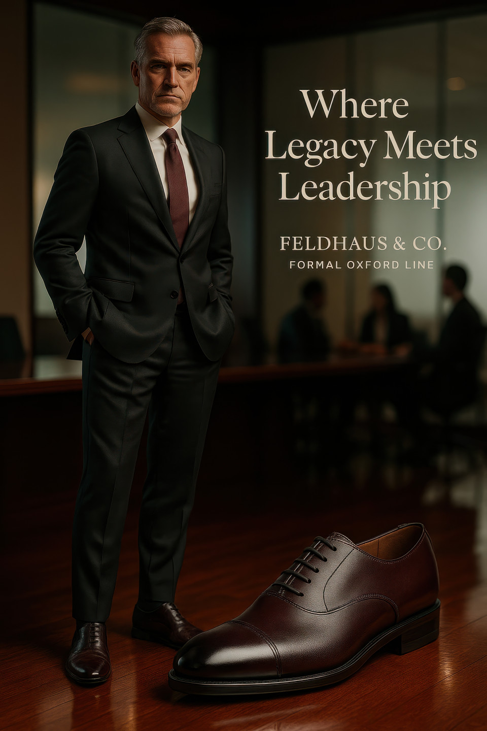 Confident man in oxblood oxford shoes standing tall in a boardroom, polished leather reflecting light, calm and powerful mood, footware brand chat gpt prompts