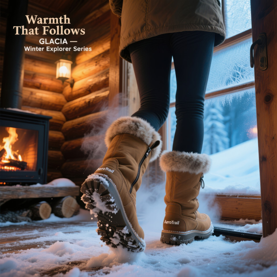 Woman entering a wooden cabin after a snow hike in warm tan boots with fur trim, melting snow and cozy firelight glowing inside, footware brand chat gpt prompts