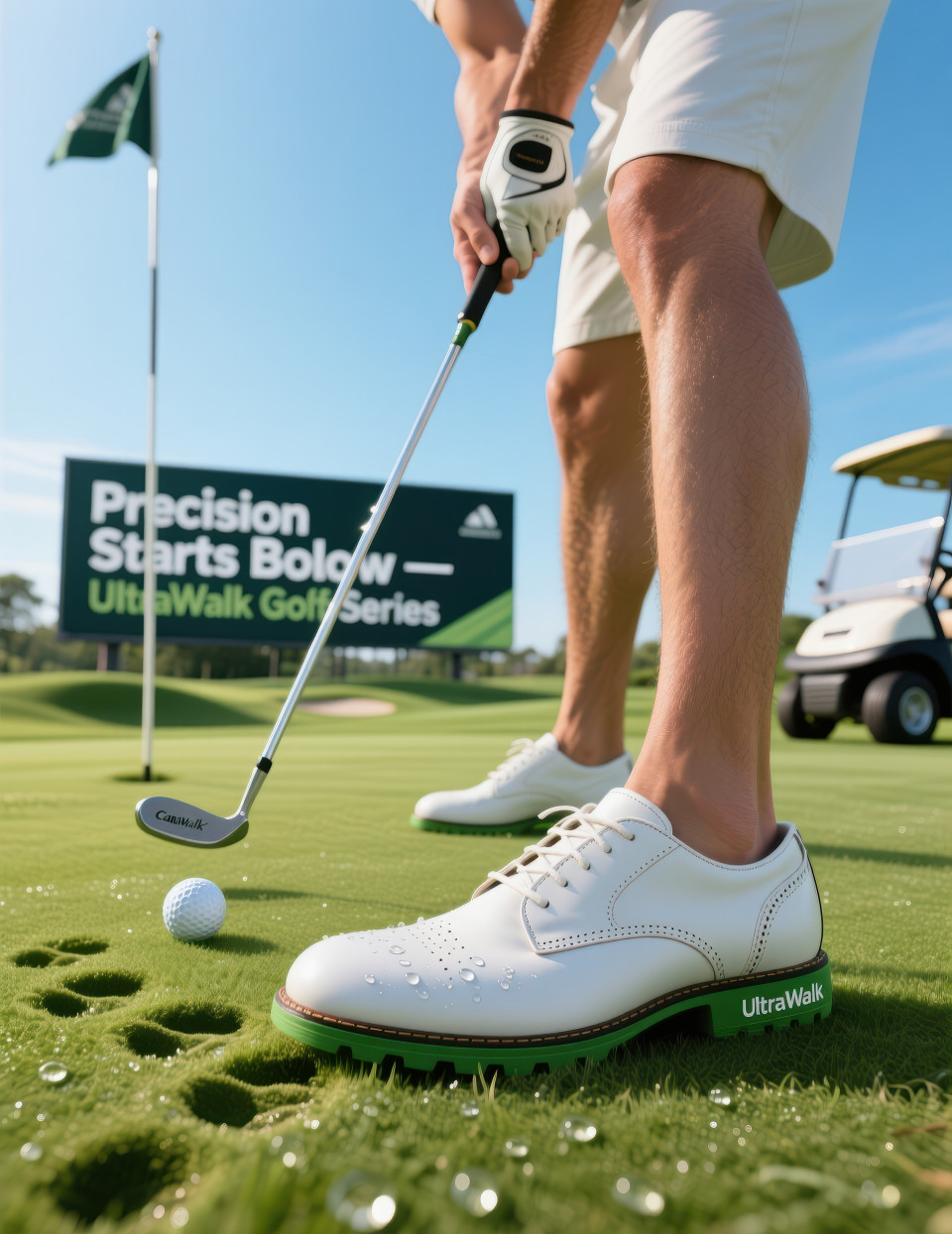 Male model mid putt on golf course wearing white golf shoes with green cleats imprinting grass in sunlight, footware brand chat gpt prompts