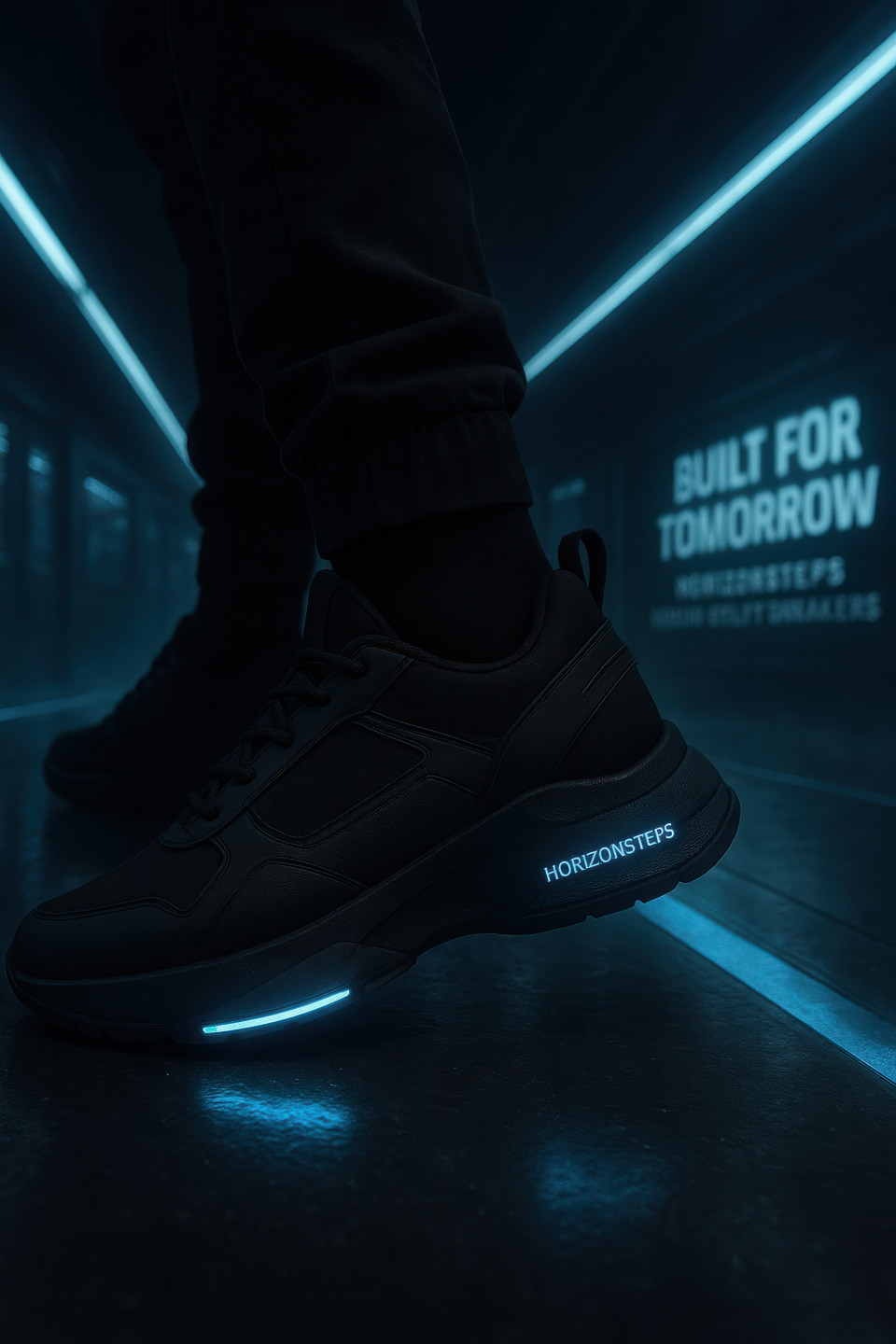 Male model on a futuristic subway platform in black sneakers with led accents, glowing reflections and mist, footware brand chat gpt prompts