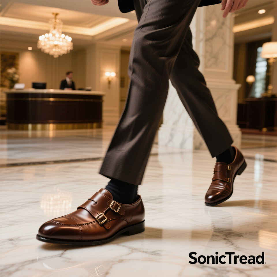 Male model walking across a marble hotel lobby in polished monk strap shoes, stride captured with buckle shine, footware brand chat gpt prompts