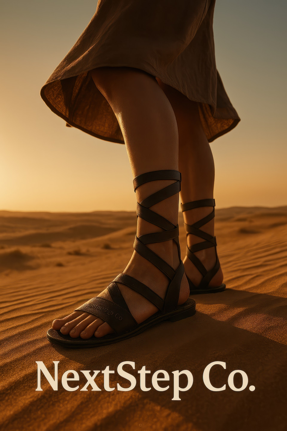 Female model on a desert dune at sunset wearing leather gladiator sandals mid calf, wind moves sand and shadows, footware brand chat gpt prompts