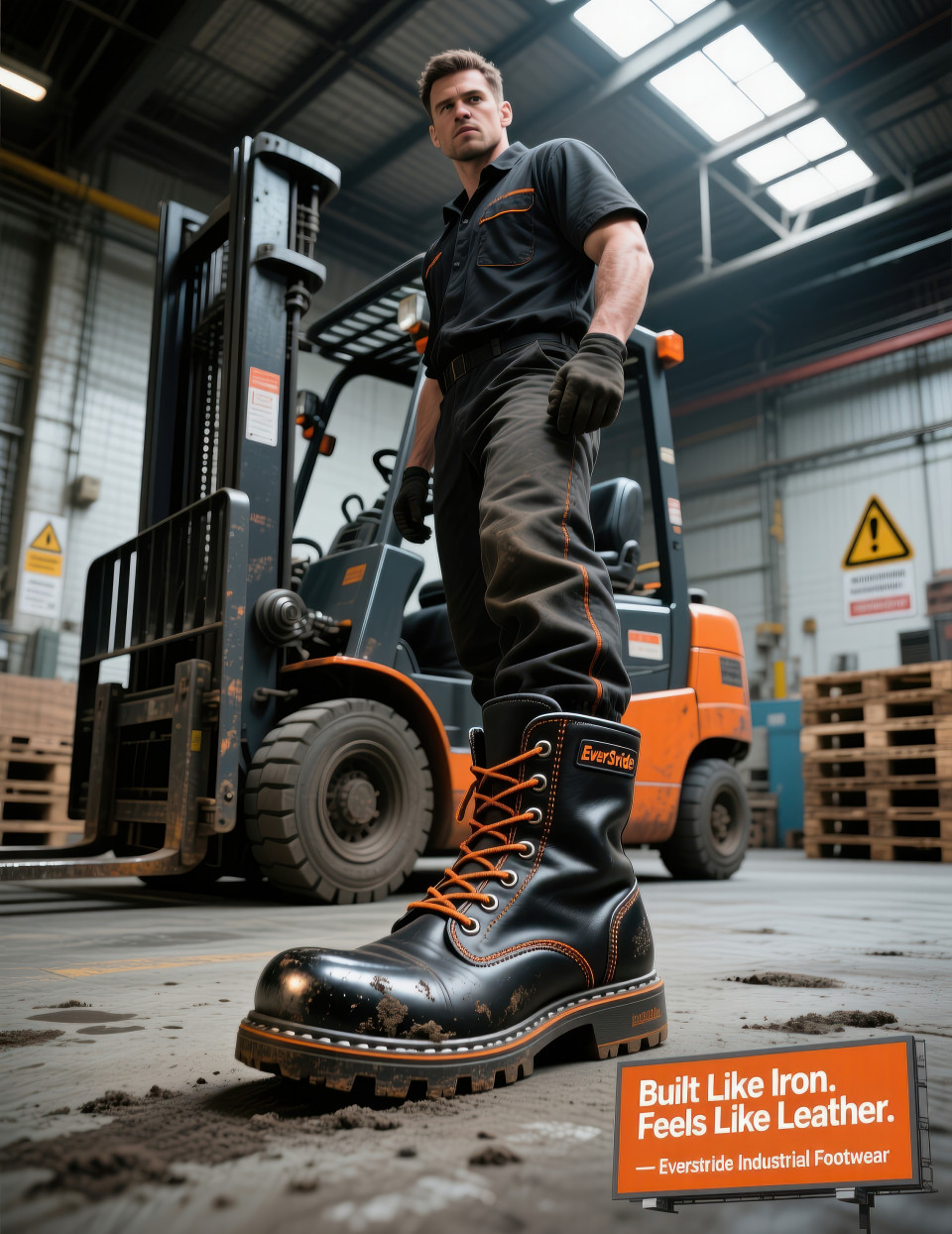 Male worker in warehouse wearing black steel toe boots with orange piping beside forklift under harsh light, footware brand chat gpt prompts