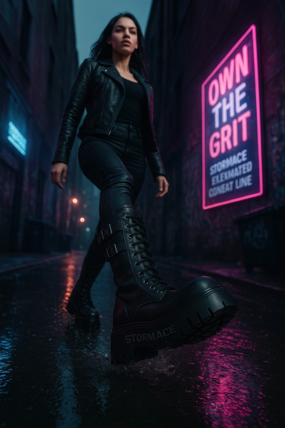 Woman striding in black platform combat boots through rainy neon city alley, bold steps with splashes reflect edgy style, footware brand chat gpt prompts