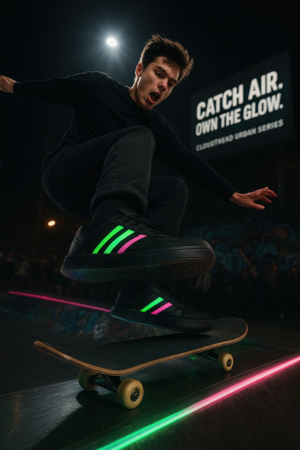 Young man mid jump on skate ramp in black sneakers with neon stripes, urban lights and graffiti show energetic style, footware brand chat gpt prompts