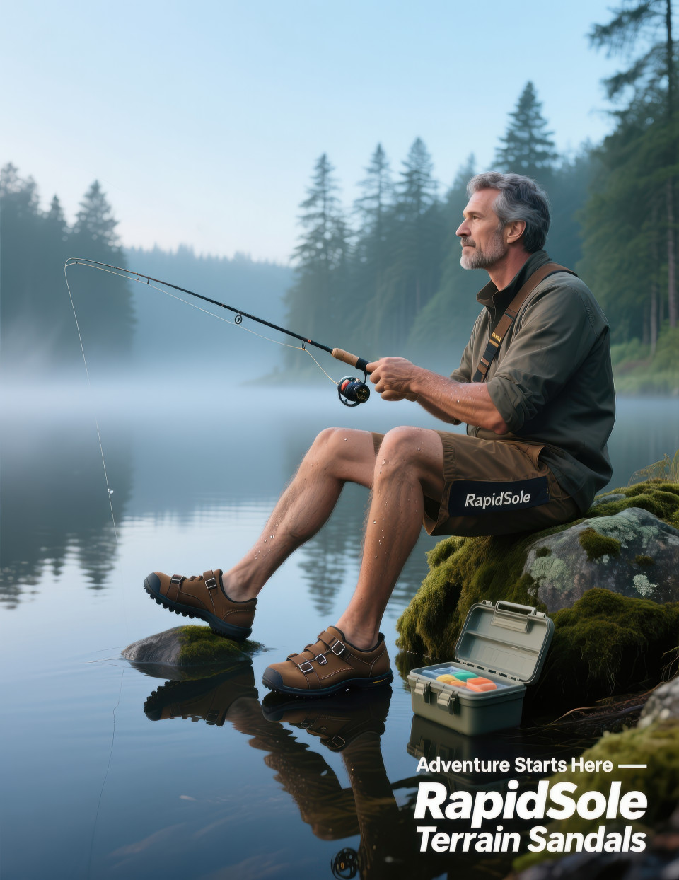 Man sitting on rock fishing by misty dawn lake in brown hiking sandals, calm scene with fog, forest and water, footware brand chat gpt prompts