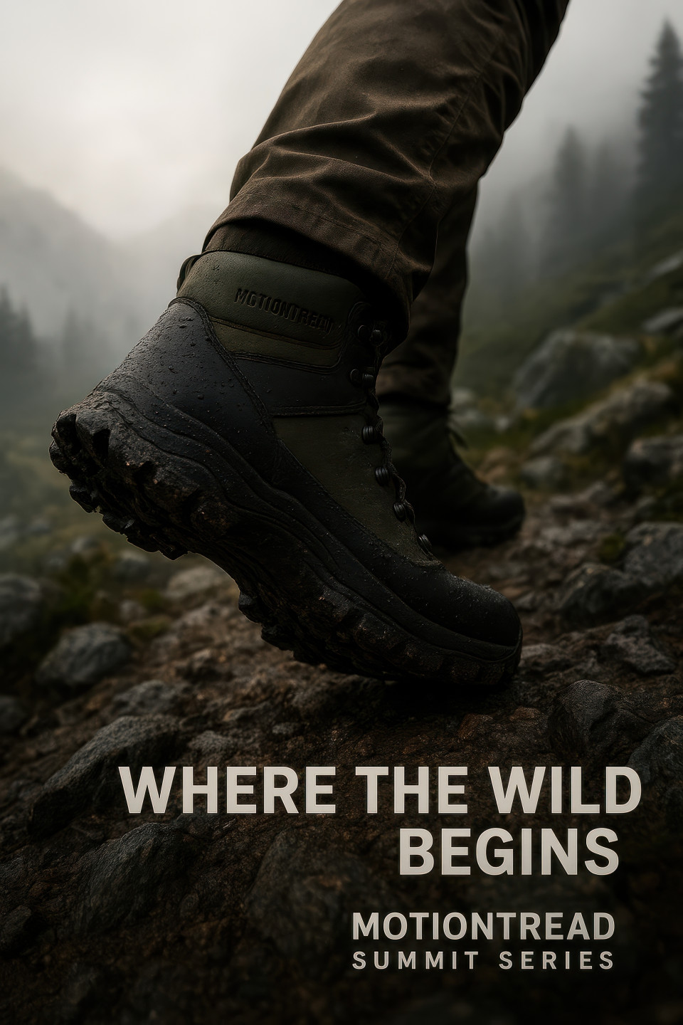 Strong man striding on rocky mountain path in waterproof hiking boots with deep sole grip, misty dawn light, outdoor adventure style, footware brand chat gpt prompts