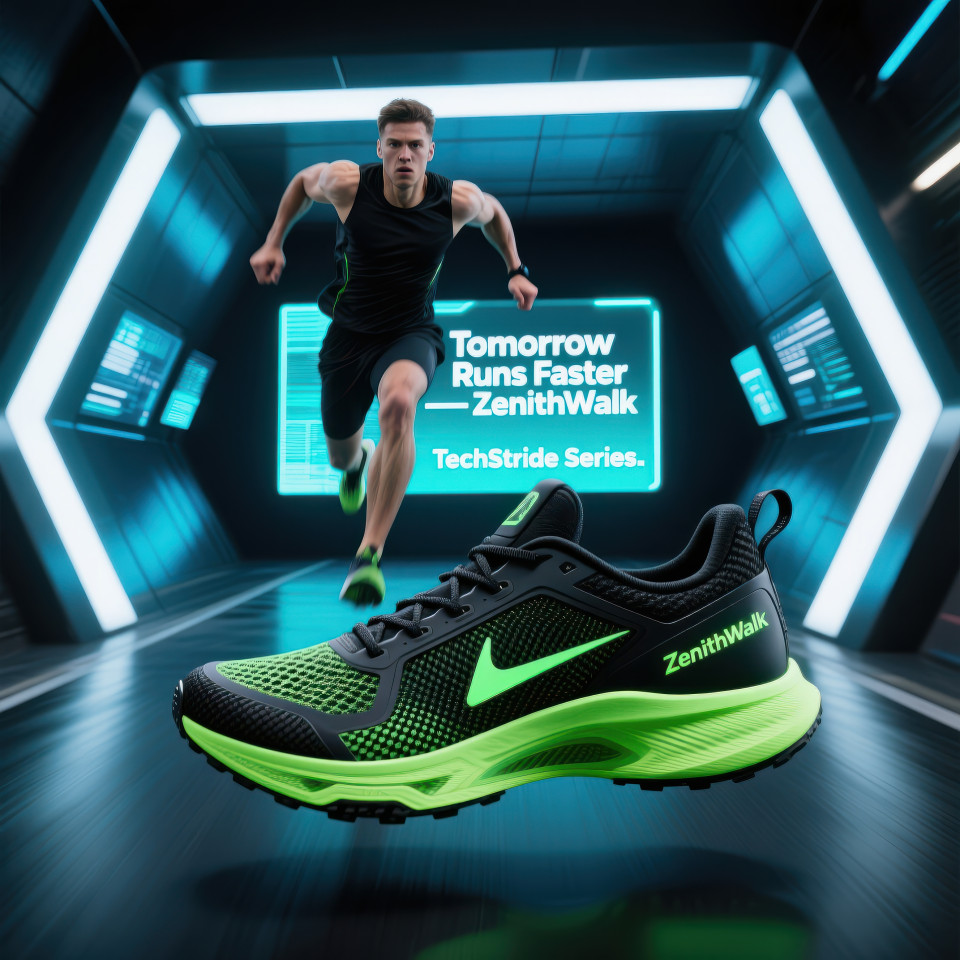 Runner mid air stride in neon tech running shoes inside glowing led tunnel, high energy speed and power concept, footware brand chat gpt prompts