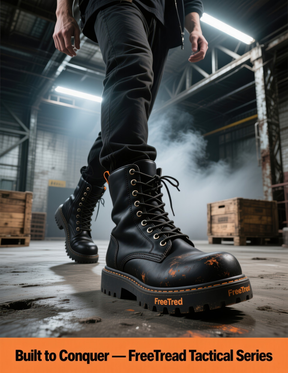 Man in rugged combat boots stepping across gritty warehouse with strong tread and shadows, industrial raw mood, footware brand chat gpt prompts