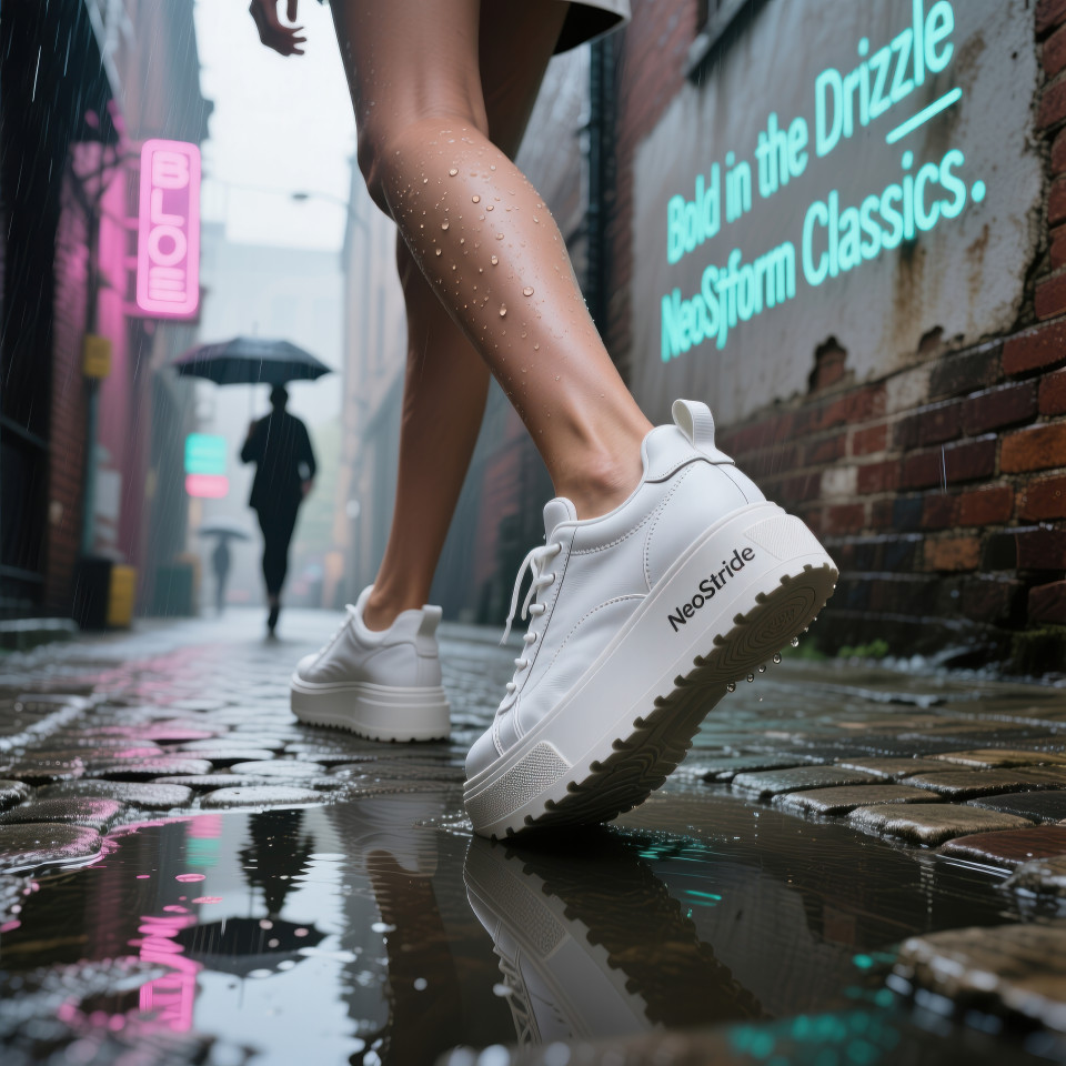 Woman walking in crisp white platform sneakers on wet cobblestone alley, soft rain reflections, moody urban feel, footware brand chat gpt prompts