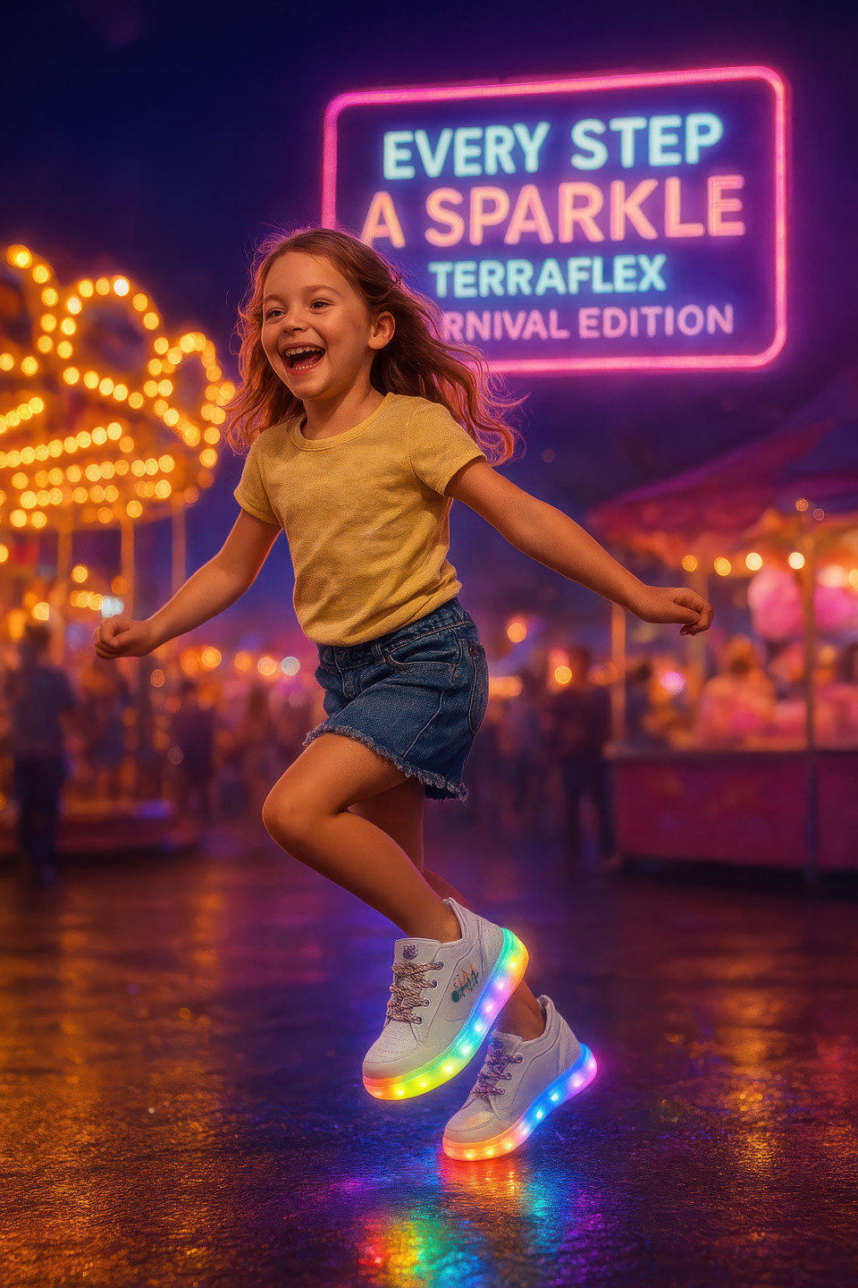 Happy child skipping at bright carnival in glowing led sneakers, motion blur crowd and lights in background, playful fun scene, footware brand chat gpt prompts