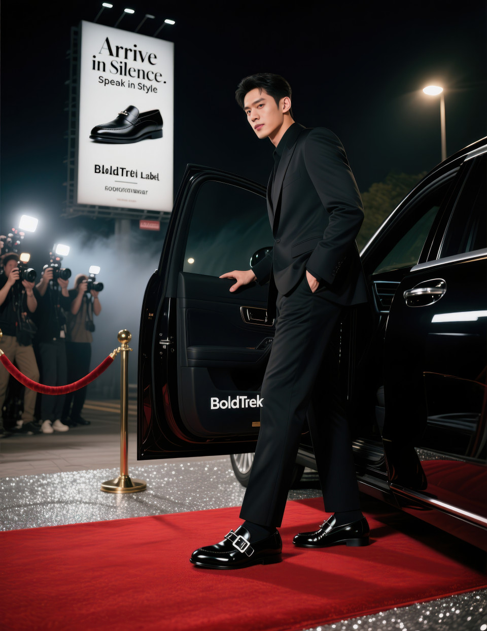 Man stepping from black car onto red carpet in polished monk strap shoes with silver buckles, glamorous night event, footware brand chat gpt prompts