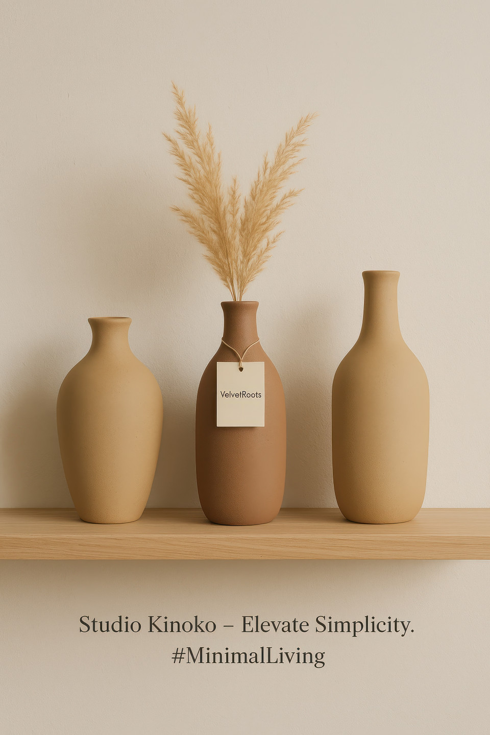 Ceramic vases in earthy tones with pampas grass on floating shelf against neutral wall, clean and minimal design, home decor products chat gpt prompts