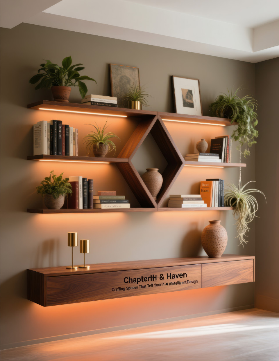 Wooden geometric bookshelf with books, plants, and decor against taupe wall with warm lighting, cozy and elegant, home decor products chat gpt prompts