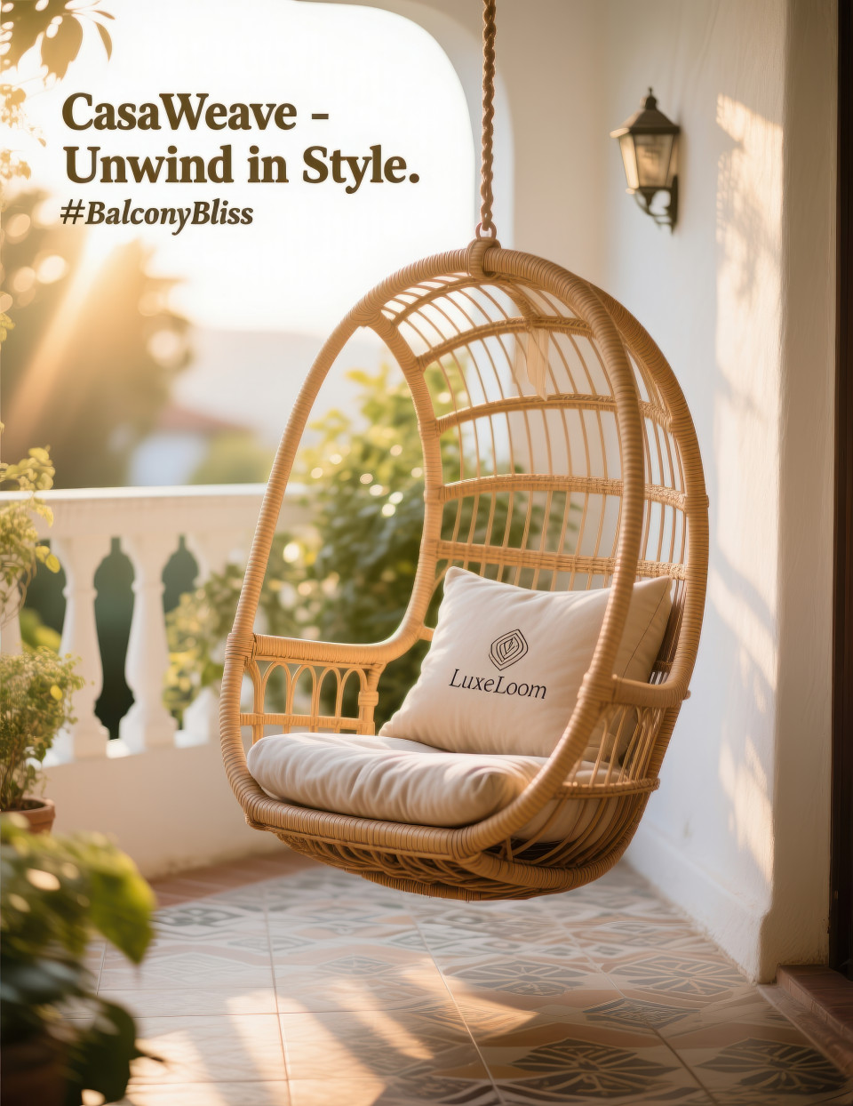 Hanging rattan swing chair with cushions in sunny balcony corner, relaxed golden hour vibe, cozy outdoor style, home decor products chat gpt prompts