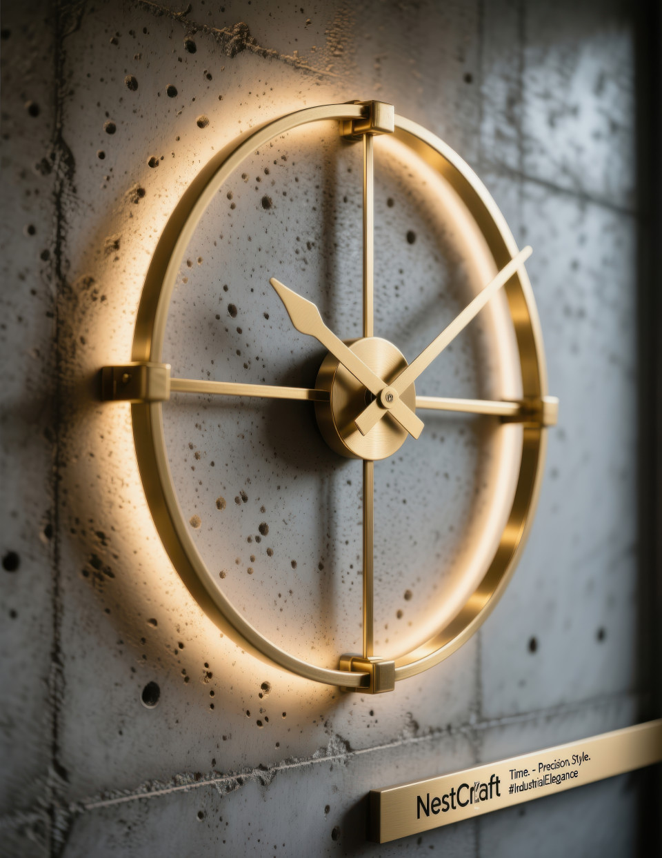 Large gold arm wall clock on textured concrete wall with soft light, industrial chic style for luxury interiors, home decor products chat gpt prompts