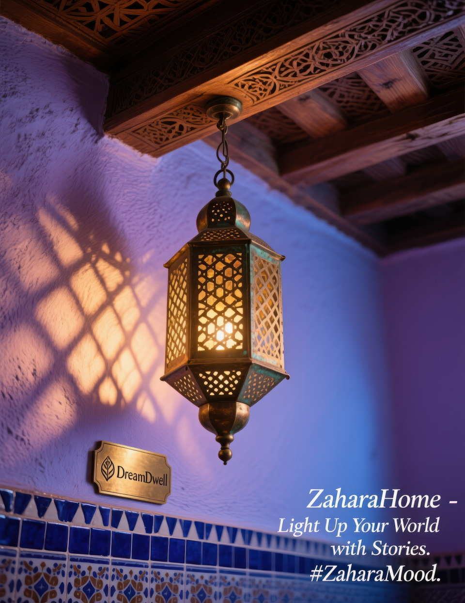 Hanging moroccan lantern glowing warmly at twilight with carved patterns on blue wall, exotic and dreamy decor, home decor products chat gpt prompts
