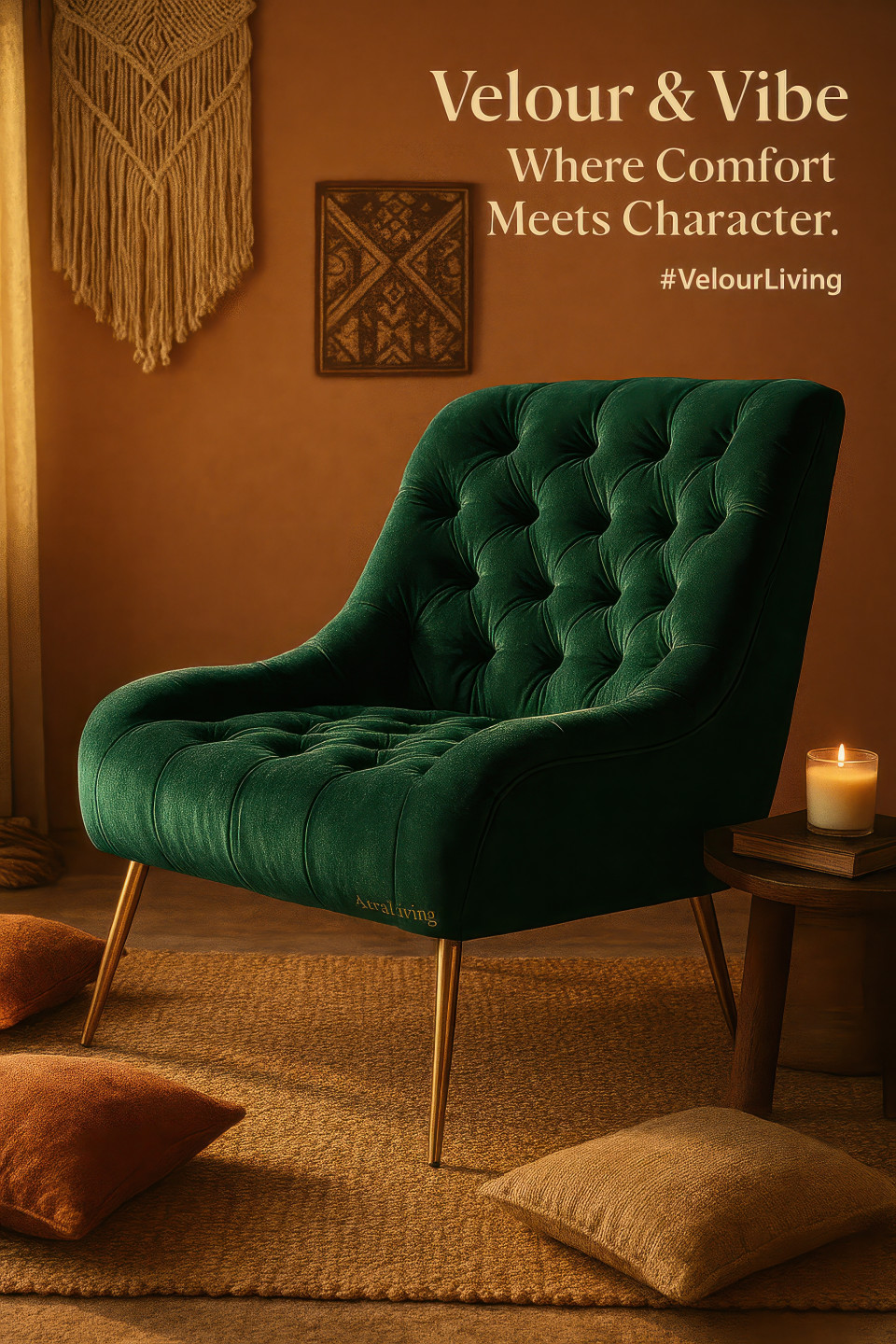 Green velvet chair with brass legs in bohemian corner, warm light, tribal art, rug and cushions, cozy stylish seating, home decor products chat gpt prompts