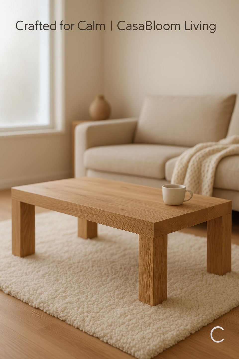 Minimalist oak coffee table in a scandinavian living room with soft daylight, wool rug, beige sofa, and warm tones, cozy interior with home decor products chat gpt prompts