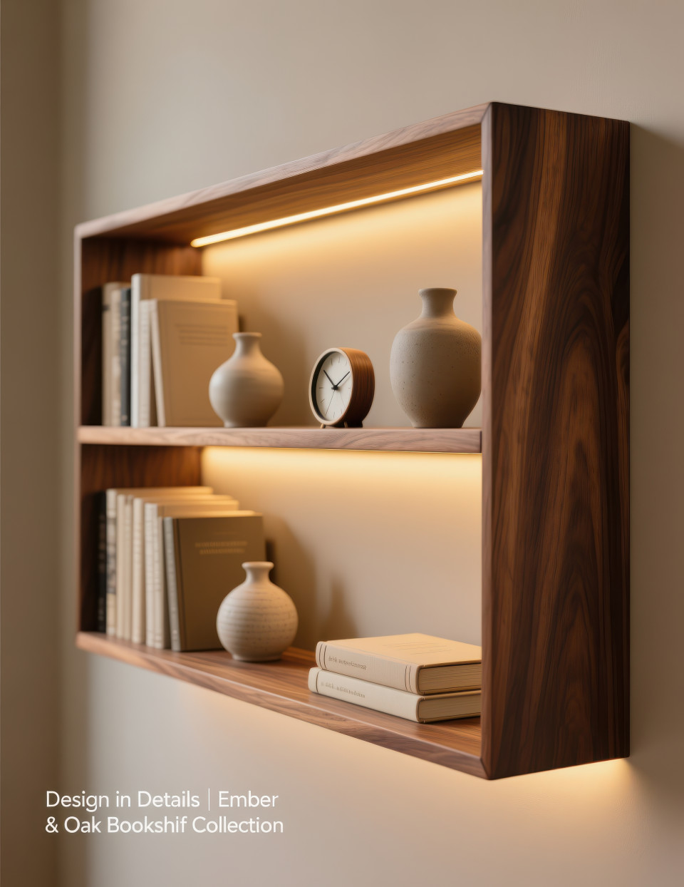 Modern walnut bookshelf with books, ceramic vases, and warm backlighting against a taupe wall, elegant and simple design with home decor products chat gpt prompts