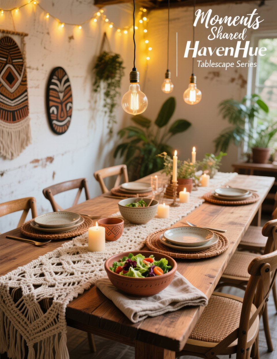 Rustic wooden dining table styled with macrame, ceramics, rattan placemats, candlelight, and greenery, boho chic mood with home decor products chat gpt prompts