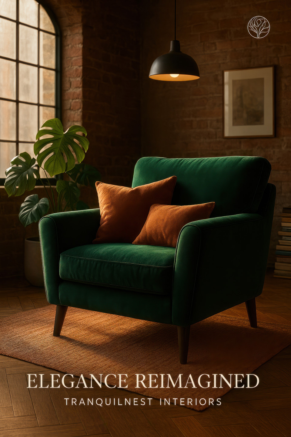 Emerald green velvet armchair in a sunlit loft corner with exposed brick wall, parquet floor, and lush monstera plant, stylish home decor products chat gpt prompts