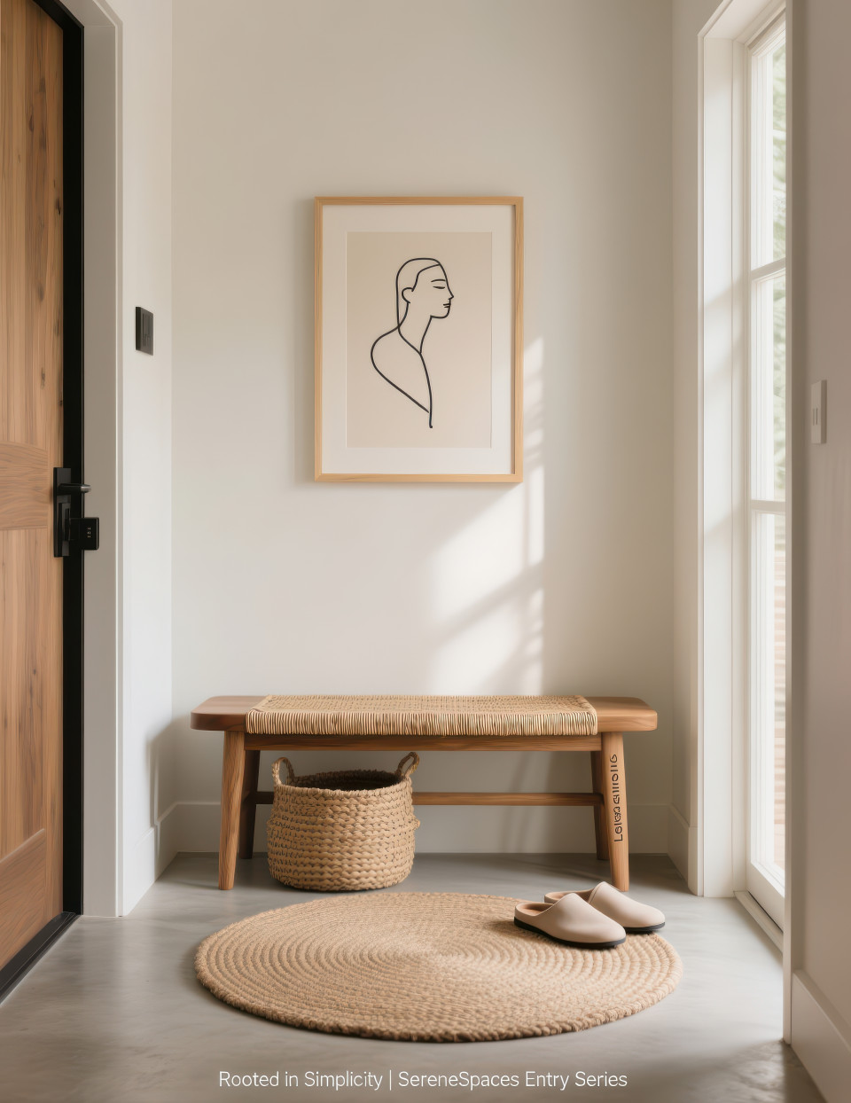 Minimalist entryway with oak bench, jute rug, woven baskets, and soft daylight, simple modern design with home decor products chat gpt prompts