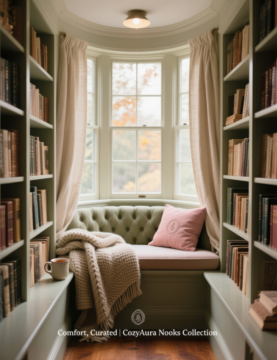 Cozy reading nook with tufted seat, knit throws, bookshelf, bay window, and soft daylight, serene corner for escape with home decor products chat gpt prompts