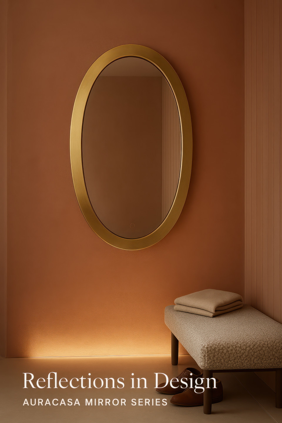 Terracotta hallway with brass oval mirror, clay wall, pebble bench, and soft uplighting, warm luxury interior with home decor products chat gpt prompts