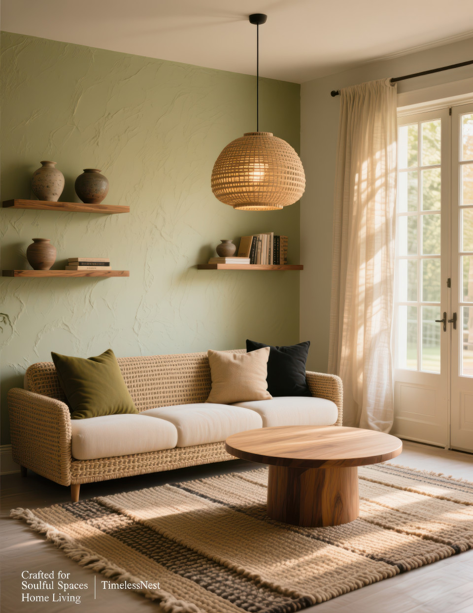 Neutral living room with woven sofa, layered rugs, wooden center table, and golden hour light, cozy design style with home decor products chat gpt prompts