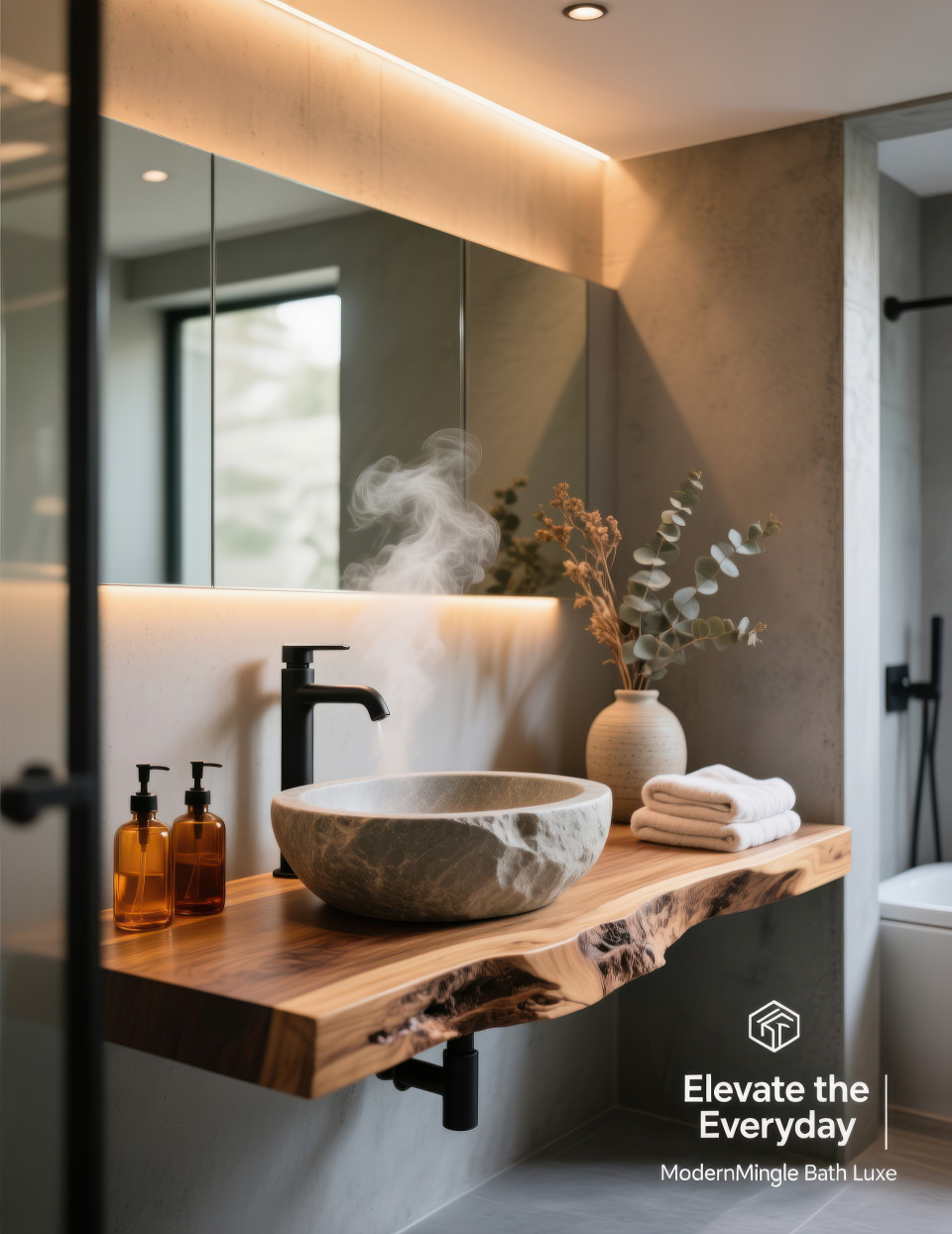 Contemporary bathroom with stone sink, wooden vanity, matte black faucet, and warm lighting, elegant spa mood with home decor products chat gpt prompts