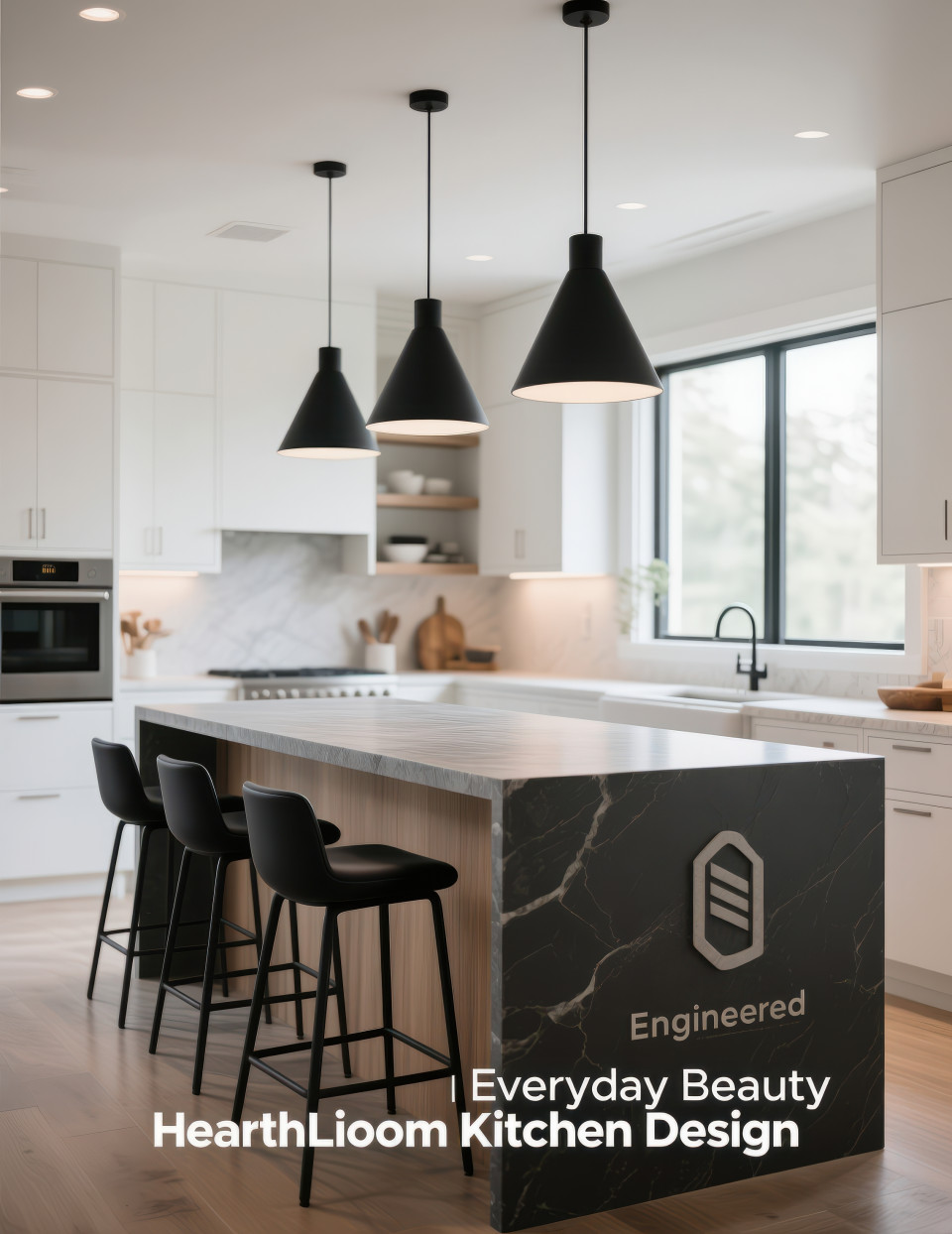 Bright kitchen with island, stone countertop, bar stools, black pendant lights, clean walls, open shelving, airy and modern, home decor products chat gpt prompts