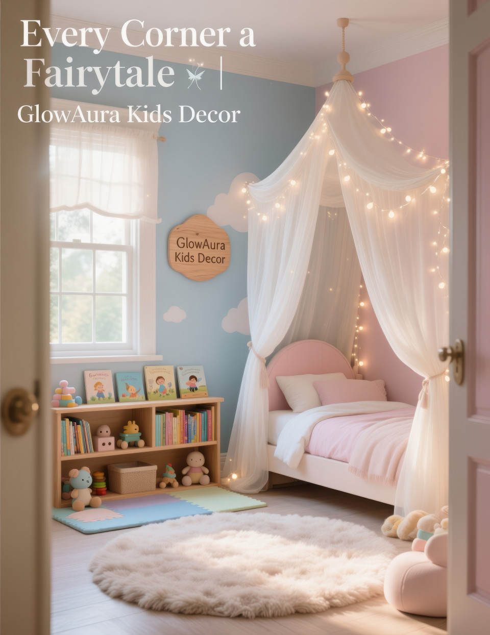 Magical kids room with canopy bed, fairy lights, toys, pastel bookshelf, plush rug, soft daylight glow, dreamy comfort, home decor products chat gpt prompts