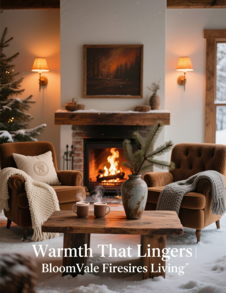 Warm winter room with wood fireplace, boucle chairs, rustic coffee table, pine decor, hot cocoa mugs, festive glow, home decor products chat gpt prompts