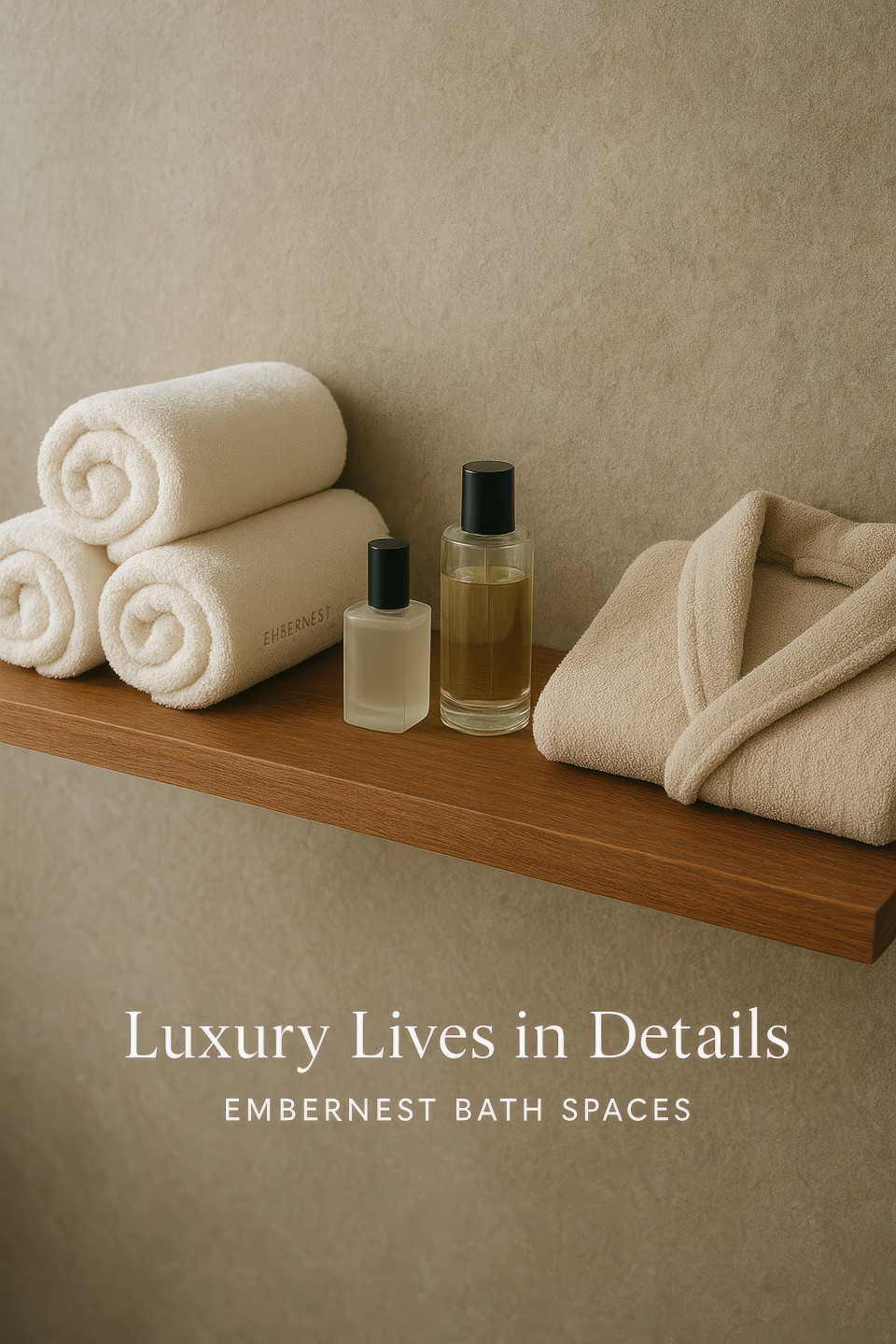 Floating wood bathroom shelf with towels, bathrobe, perfume bottles, incense, stone wall, spa like calm, fresh tones, home decor products chat gpt prompts