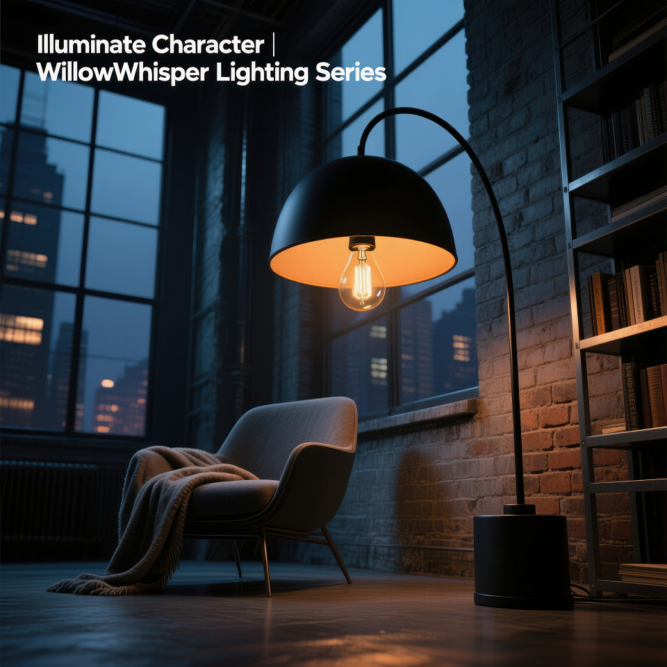 Dramatic loft corner with arched floor lamp, exposed bulb glow, brick wall, steel shelf, moody urban feel, home decor products chat gpt prompts