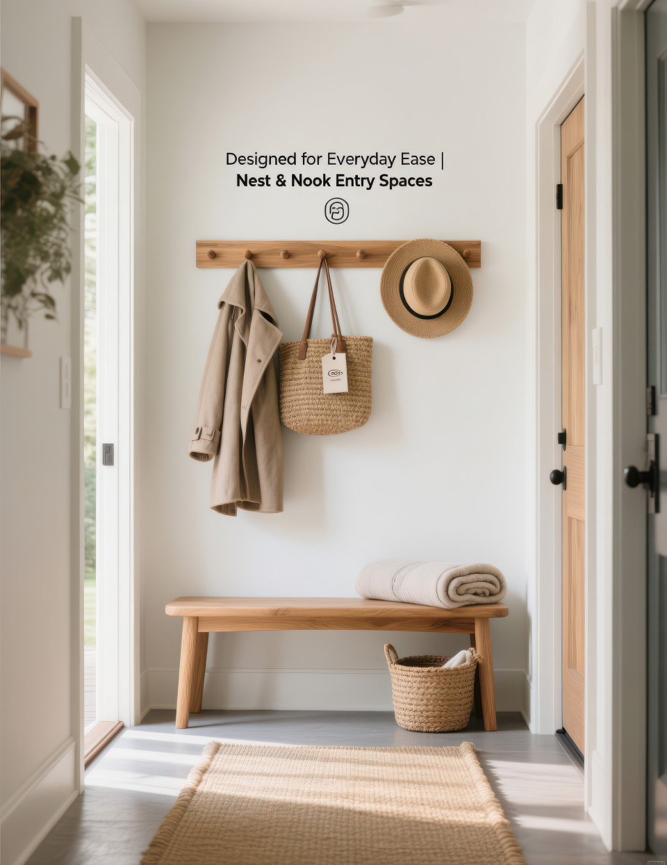 Cozy entryway with oak bench, wall pegs, woven hats, coats, basket, jute rug, soft daylight, warm family friendly style, home decor products chat gpt prompts