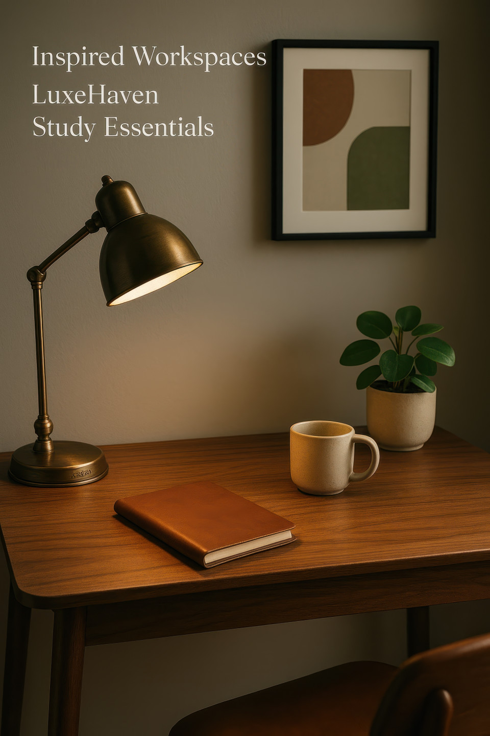 Retro home office with walnut desk, desk lamp, leather notepad, mug, plant, framed wall art, soft morning light, home decor products chat gpt prompts