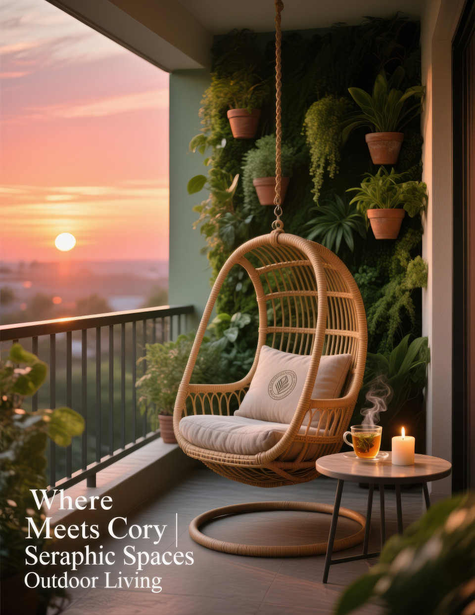 Cozy balcony with rattan swing chair, table, plants, sunset glow, candles, herbal tea, golden hour calm retreat, home decor products chat gpt prompts