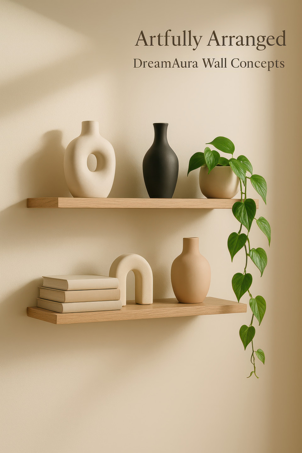 Modern oak wall shelf with ceramics, books, vases, trailing plant, soft skylight shadows, calm minimalist style, home decor products chat gpt prompts